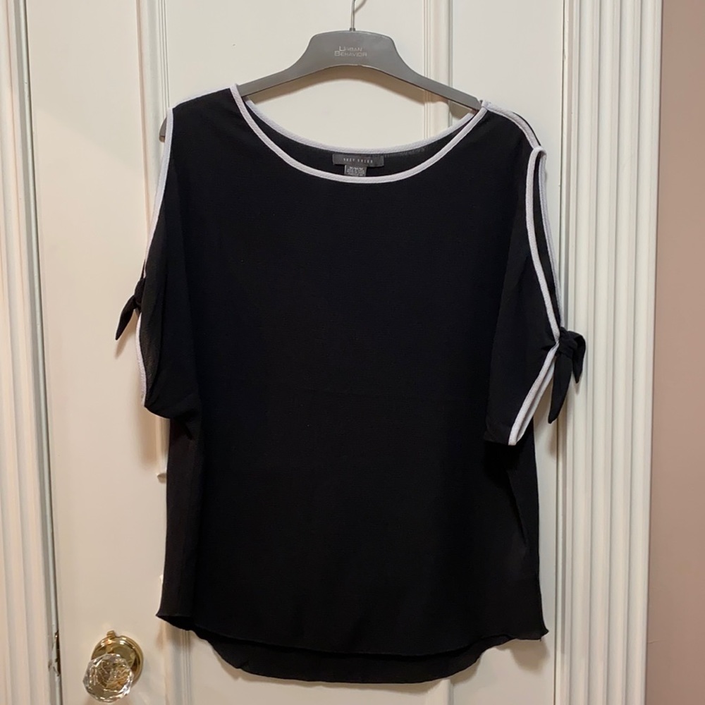City Studio Black Blouse with White Trim and Cold-Shoulder Ties